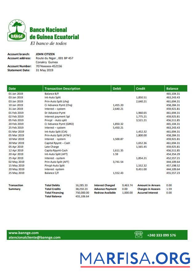 Printable Equatorial Guinea The National Bank of Equatorial Guinea bank statement word real example